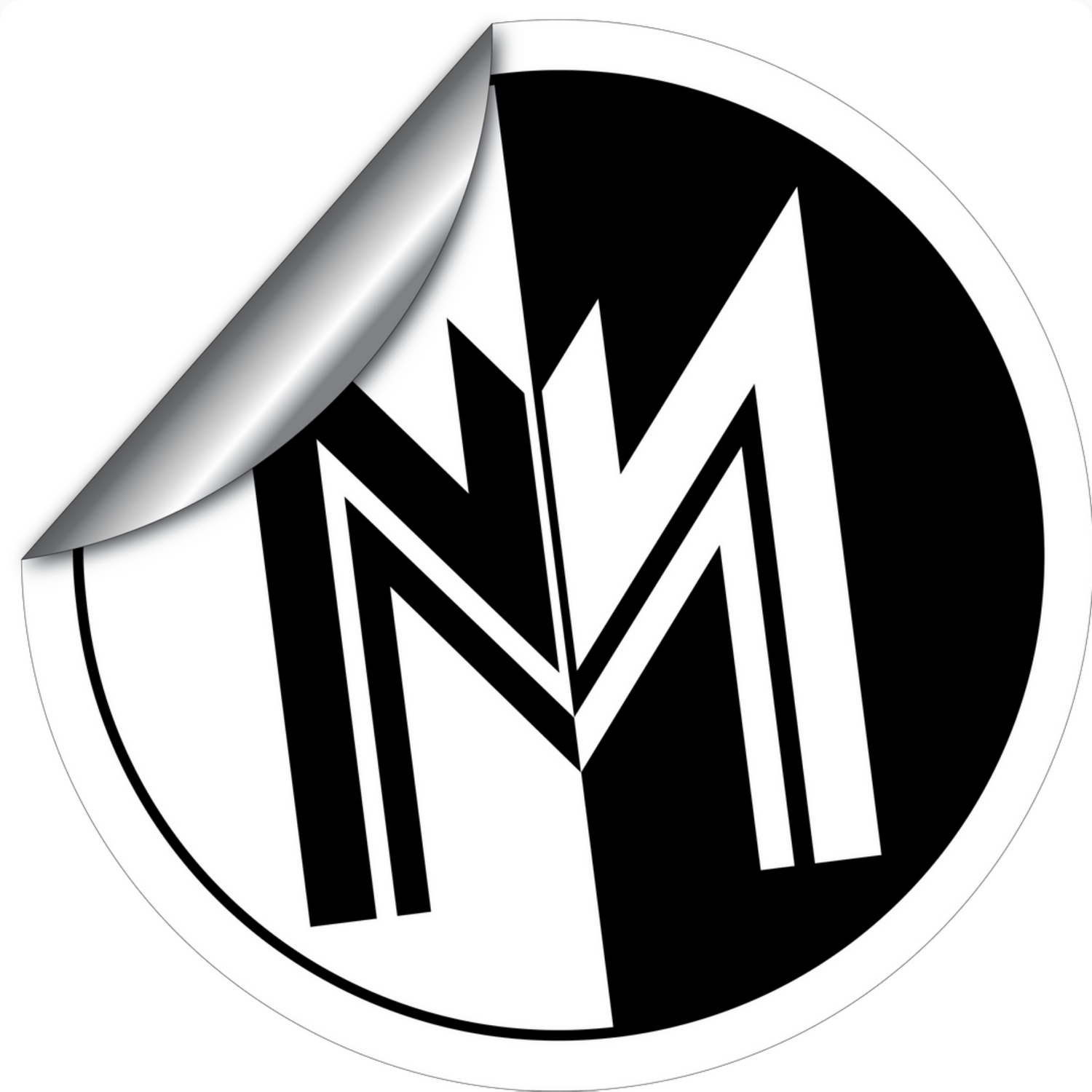 Sticker with a black and white logo on a reflective surface, featuring 'MZM Digital Design' branding.